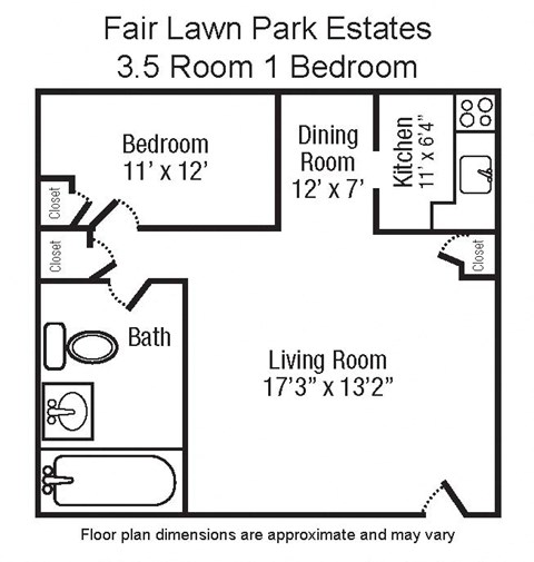 Floor plan for 1 bed, 1 bath